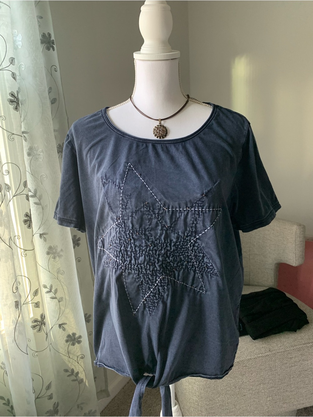 Ruff Hewn Navy Star Tie-Hem Short Sleeve Top